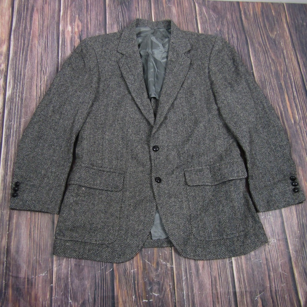 Vintage Sears Roebuck & Co Sport Coat Mens 42 Gray Wool Herringbone Tweed Blazer
